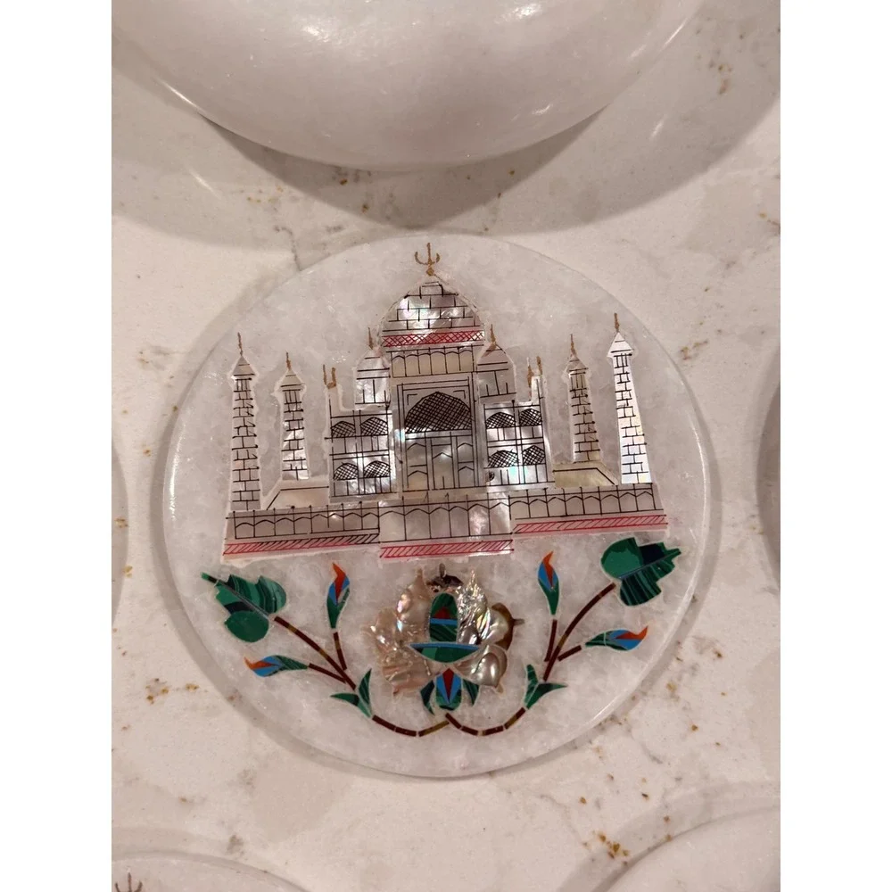 Rare Handmade White Marble Taj Mahal Indian Mother Of Pearl‎ Coaster Set of 6